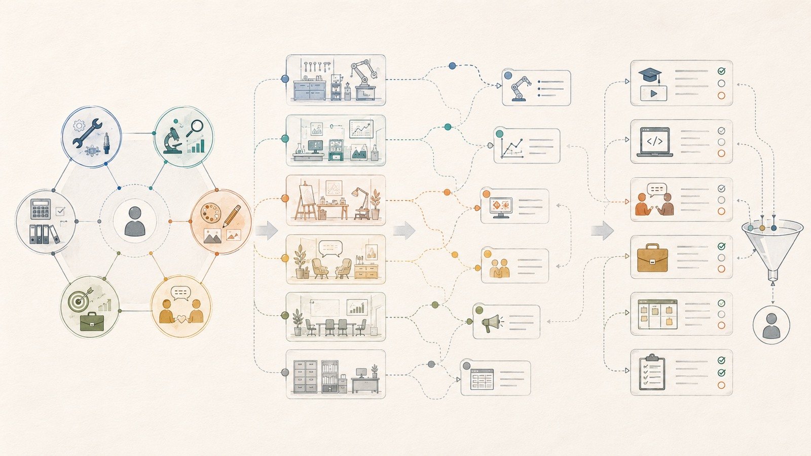 Abstract career-interest map with six work activity icons around a compass.